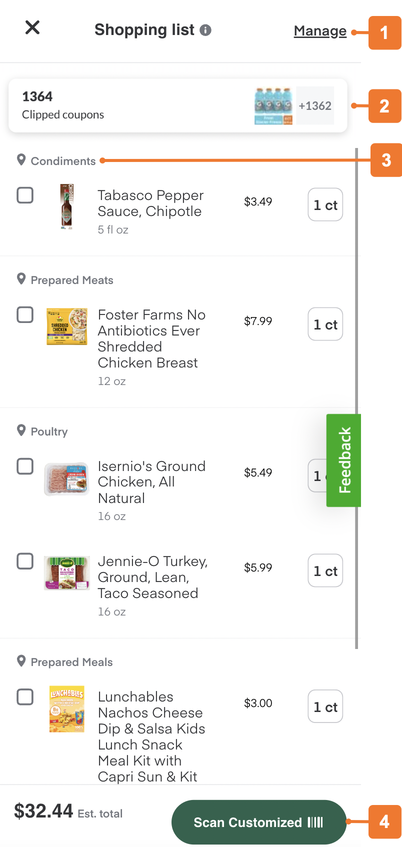 Shows the list menu on mobile web. Callout number 1 points to the Manage button. Callout number 2 points to the clipped coupons. Callout number 3 points to the product location, which shows the &quot;Condiments&quot; aisle. Callout number 4 points to the Loyalty button to show the loyalty barcode.