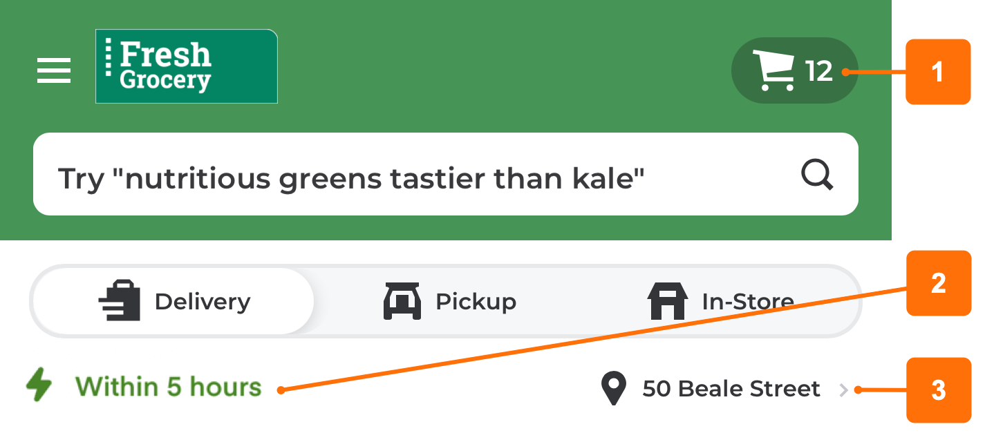 Shows the storefront header on mobile web with the Delivery shopping context selected. Callout number 1 points to the cart button that includes a shopping cart icon. Callout number 2 points to the earliest available time slot for delivery. Callout number 3 points to the delivery address.