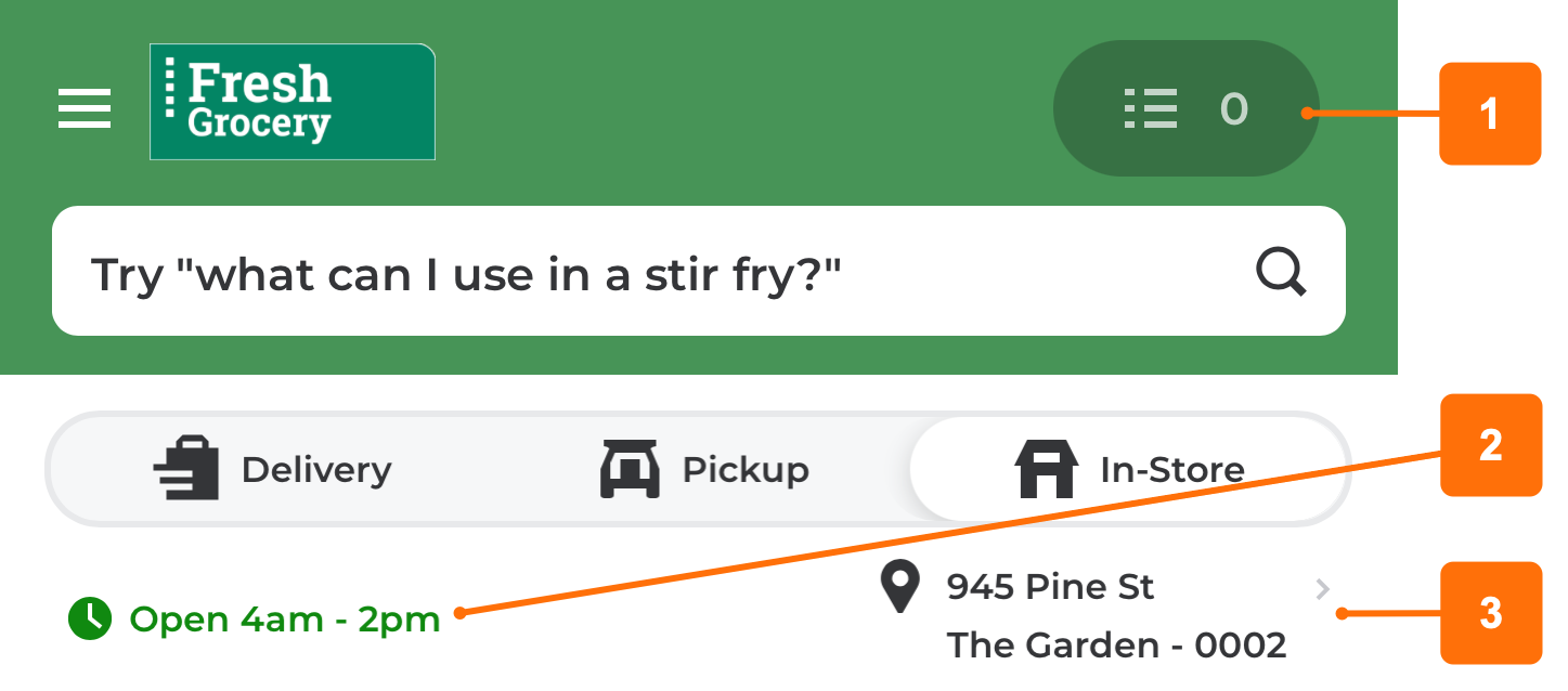 Shows the storefront header on mobile web with the In-Store shopping context selected. Callout number 1 points to the cart button that includes a shopping list icon. Callout number 2 points to the in-store store hours. Callout number 3 points to the store address and store name.