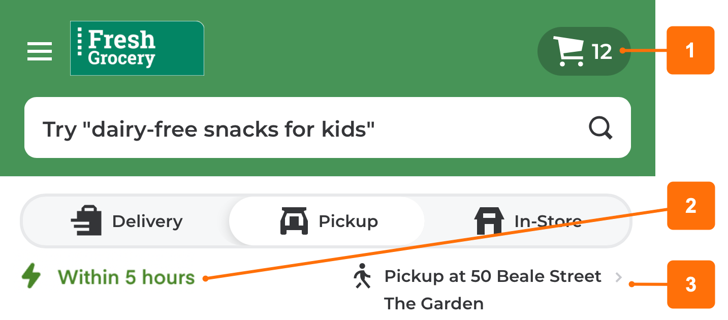 Shows the storefront header on mobile web with the Pickup shopping context selected. Callout number 1 points to the cart button that includes a shopping cart icon. Callout number 2 points to the earliest available time slot for pickup. Callout number 3 points to the store address and store name.