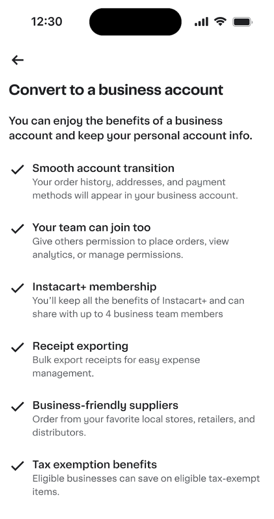 Shows a page detailing the benefits of converting to a business account, including smooth transitions, team management, shared membership, receipt exporting, access to business suppliers, and tax exemption benefits.