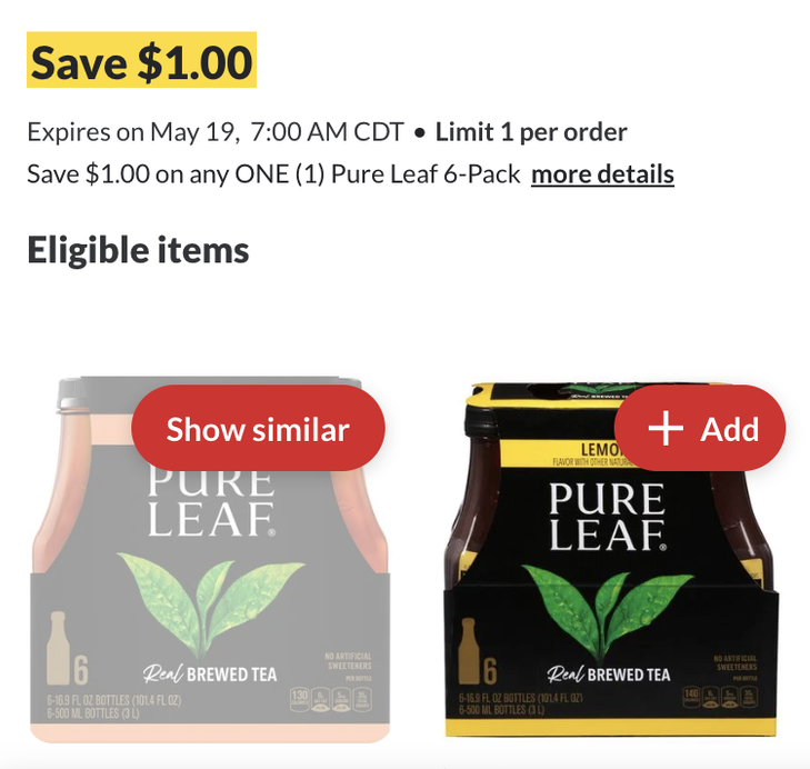 Shows the coupon details for tea products, including the savings amount, expiration date and time, coupon promotion, and eligible products.