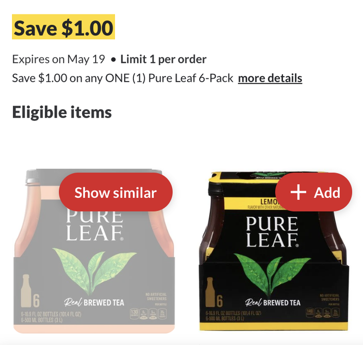 Shows the coupon details for tea products, including the savings amount, expiration date, coupon promotion, and eligible products.