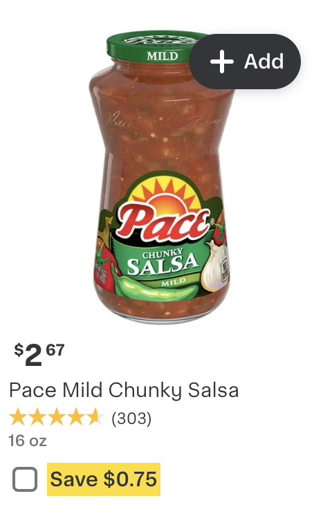 Shows an item tile with a checkbox that a customer can clip to save $0.75 off a jar of salsa