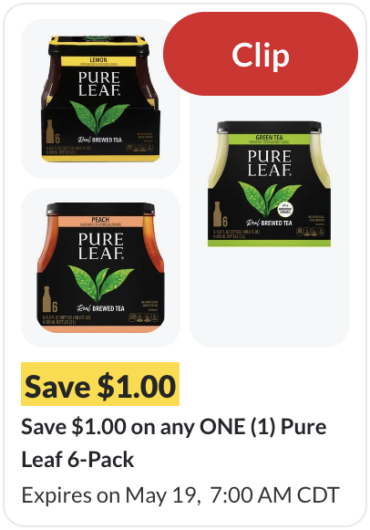 Shows a coupon tile featuring tea products, with a &quot;Clip&quot; button at the top-right corner. Below the tea product thumbnails displays the savings amount, coupon promotion, and expiration date and time