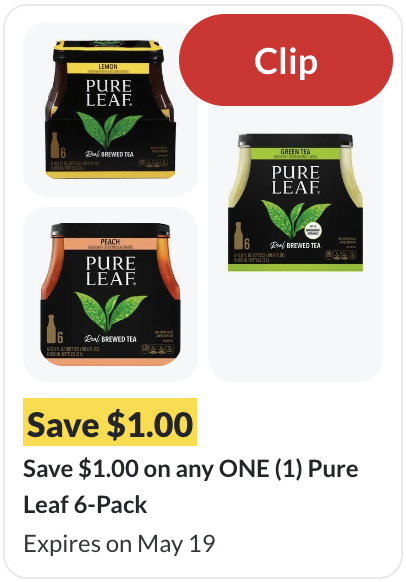 Shows a coupon tile featuring tea products, with a &quot;Clip&quot; button at the top-right corner. Below the tea product thumbnails displays the saving amount, coupon promotion, and expiration date.