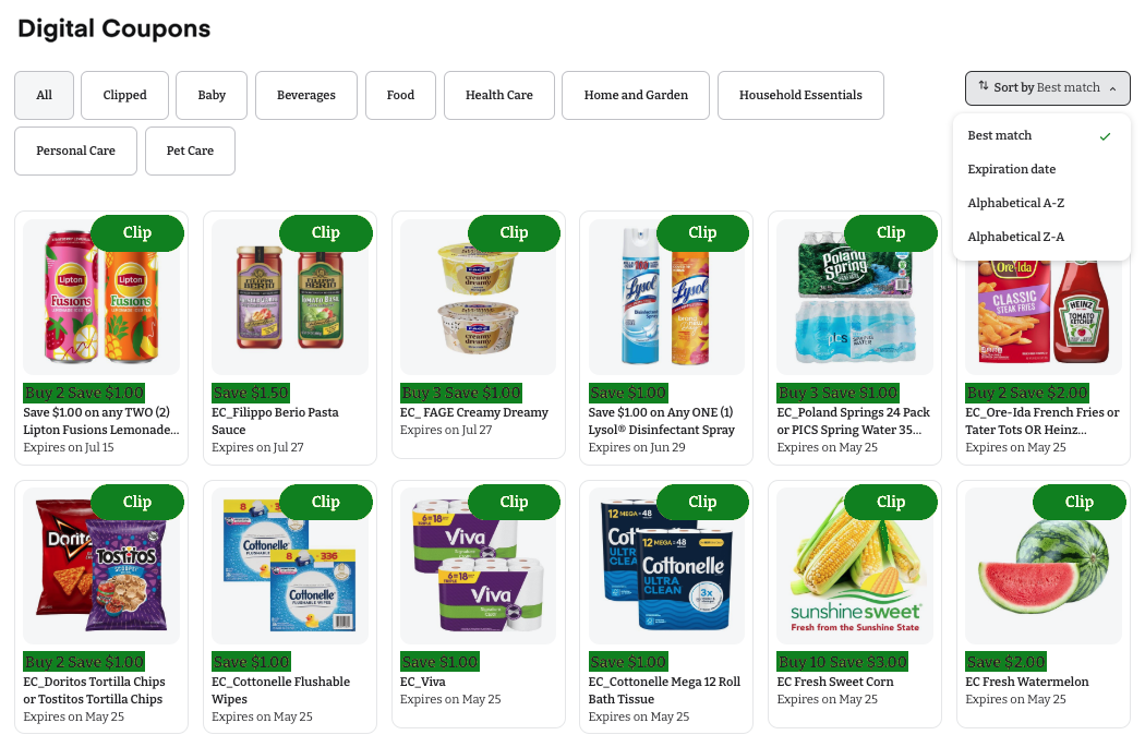 Shows a page with various coupons, such as Save $1.00 on any ONE (1) Oikos Triple Zero 4-Pack yogurt.