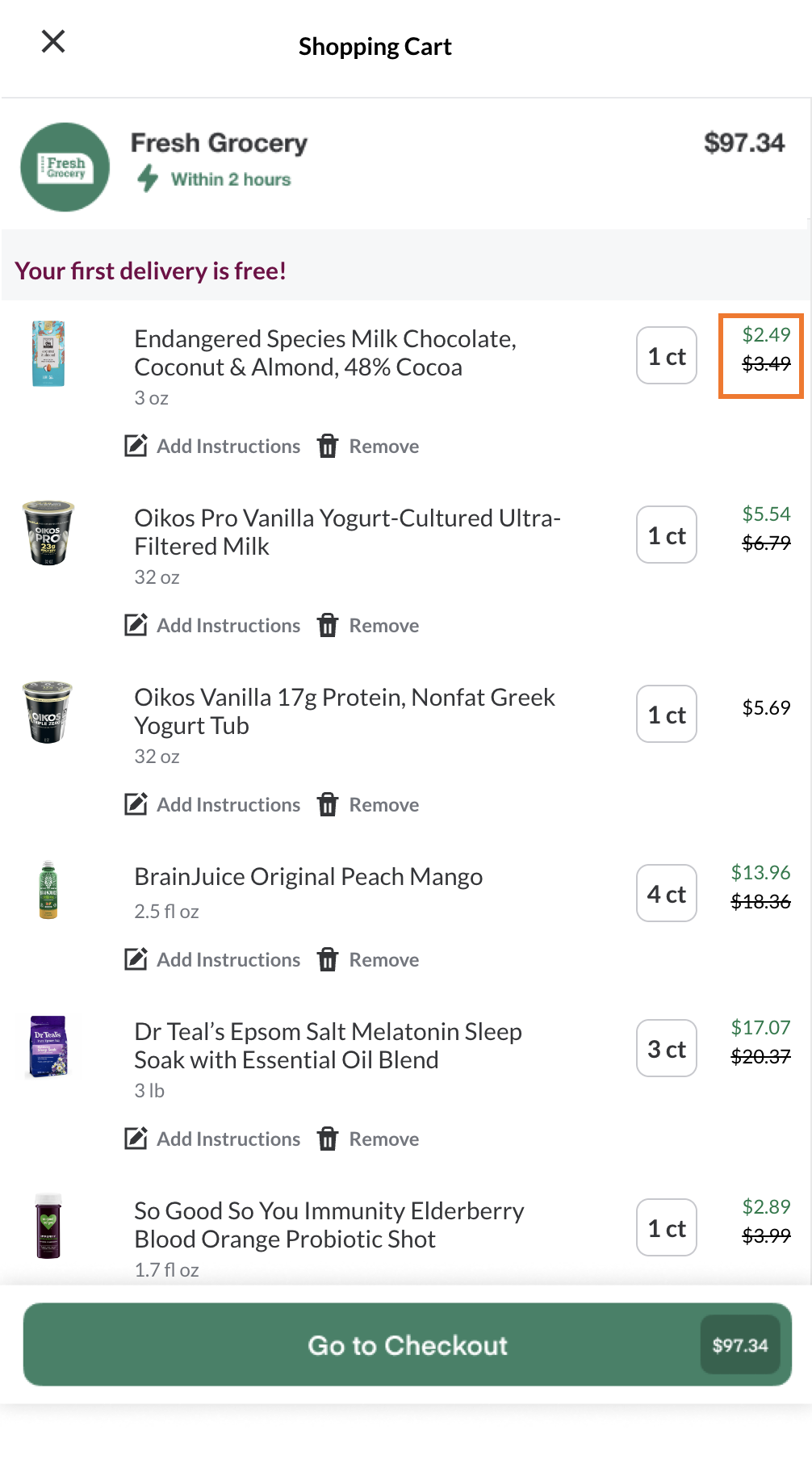 Shows the cart with the discounted price highlighted with an orange box