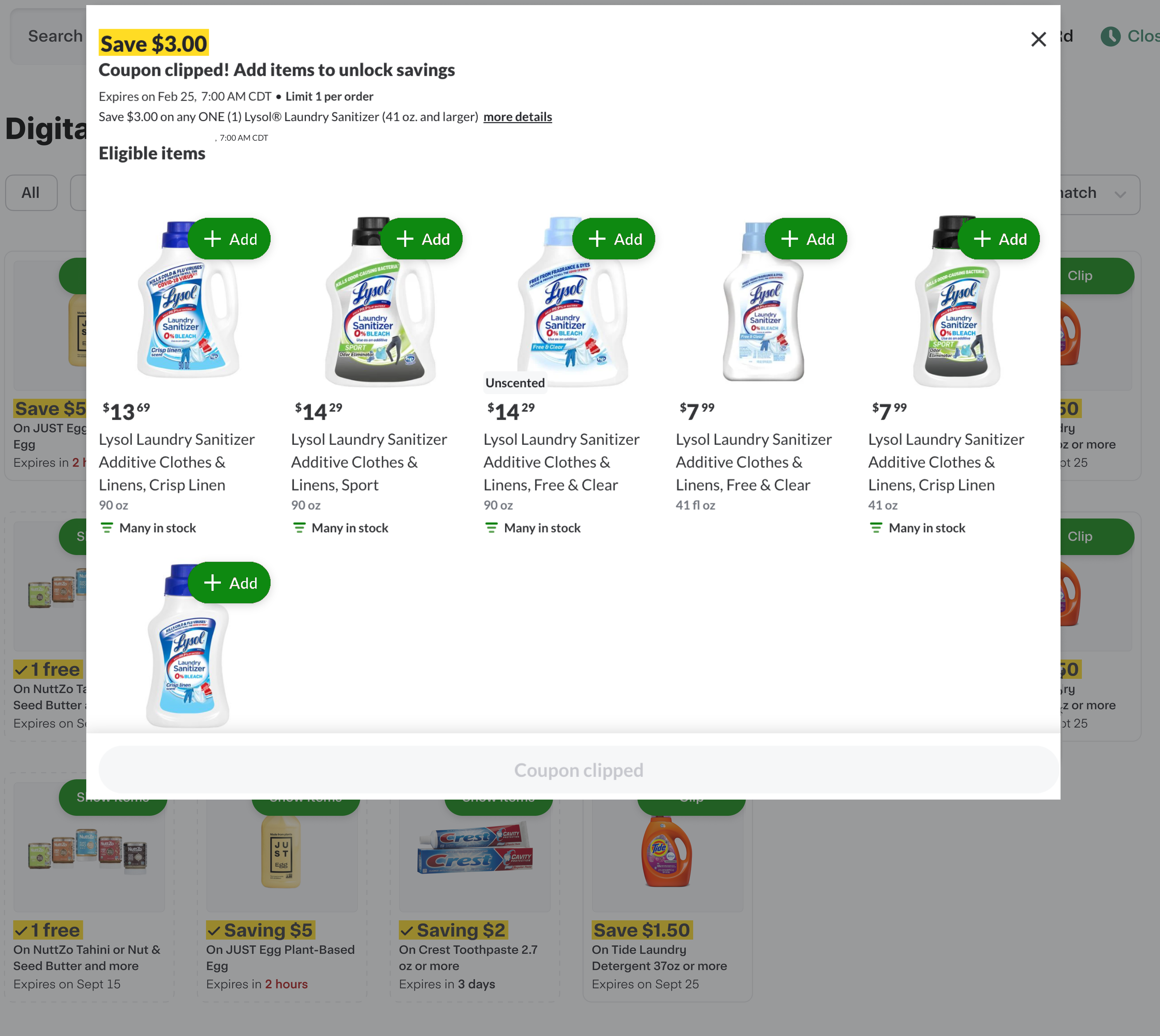 Shows the coupon details page with a list of eligible items.