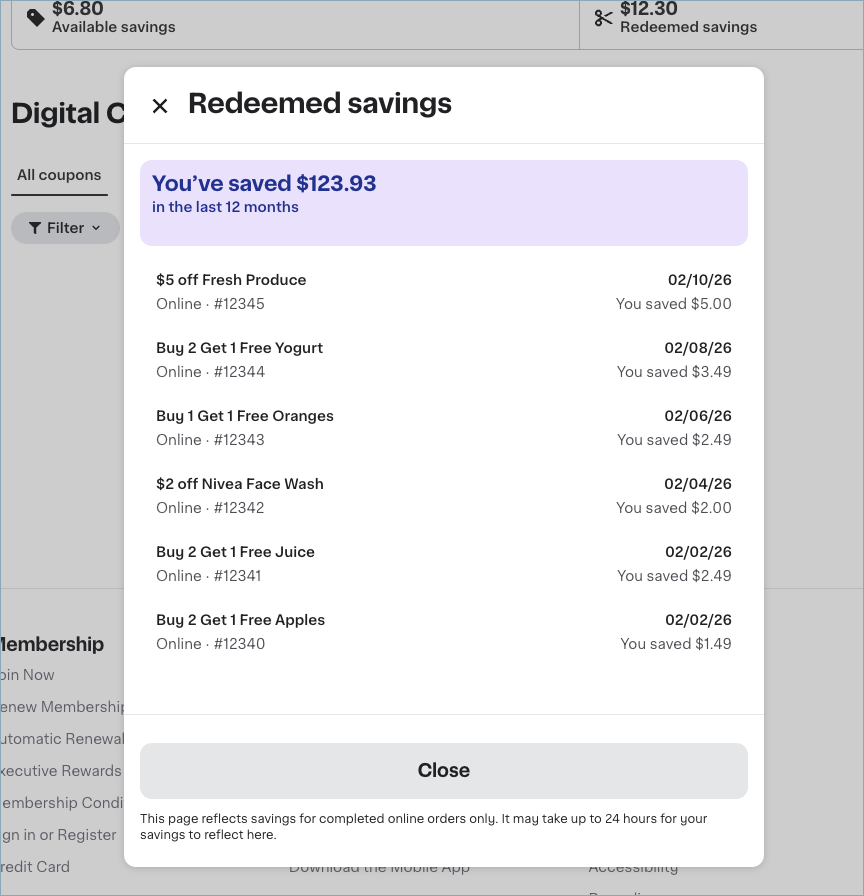 Shows the coupon history list with redeemed coupons, including the redemption date, amount saved, and a link to the related order for each entry.