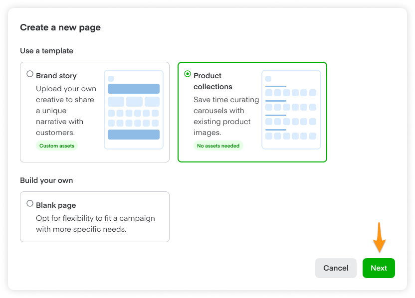Shows create a new page next button