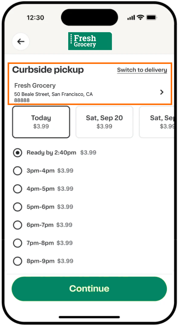 Shows a curbside pickup screen for Fresh Grocery with the store’s address, an option to switch to delivery, available pickup dates, time slots, and a Continue button.