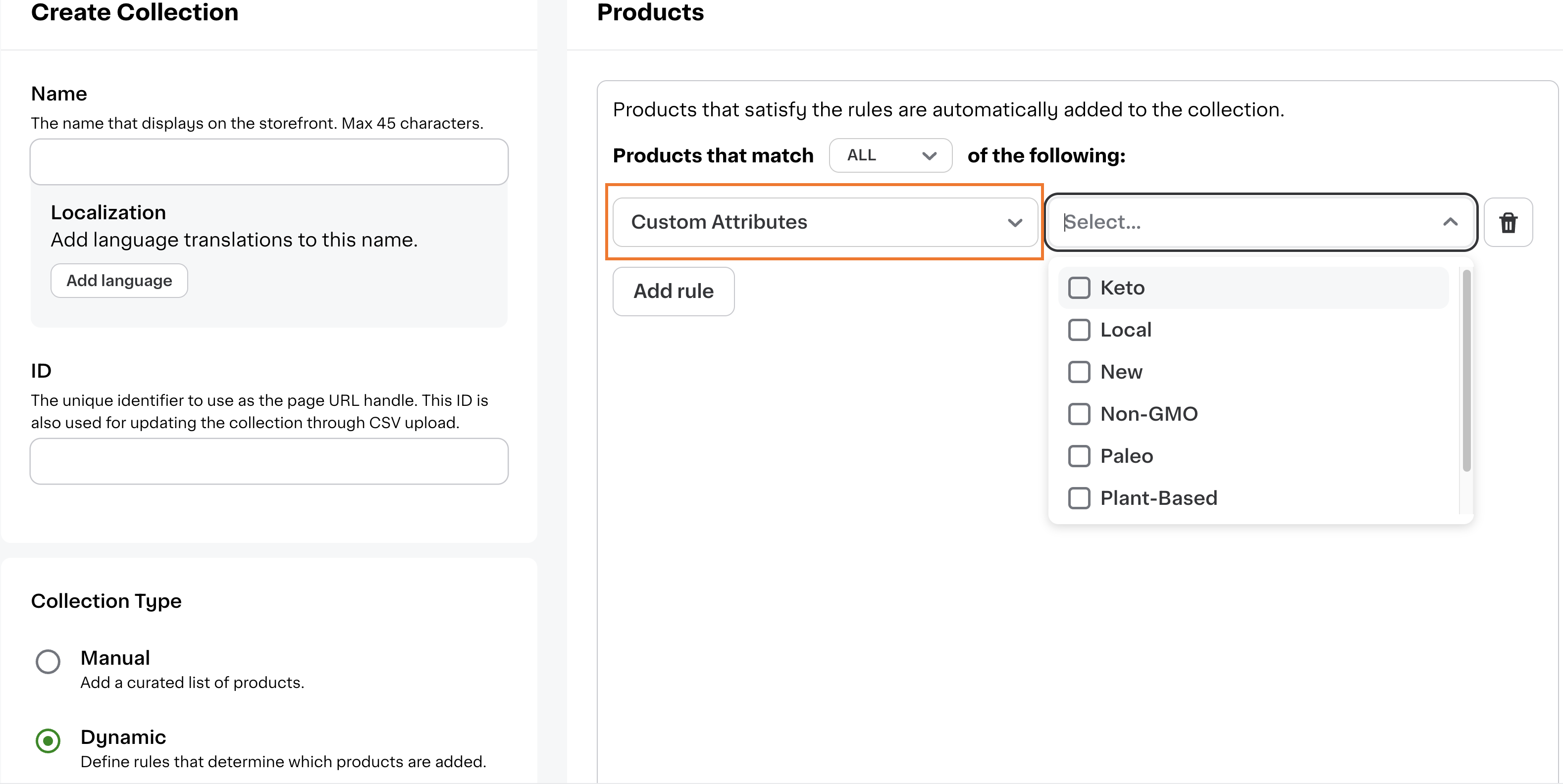 Shows the Custom Attributes rule in the Products section of the Create collection page.