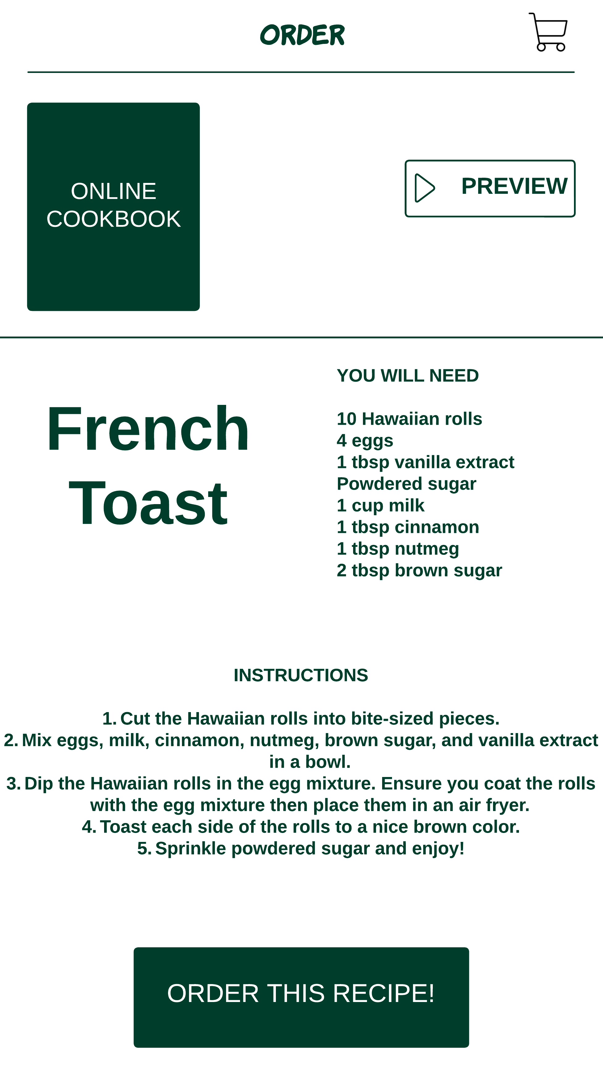 Shows an example of a custom widget with an online cookbook and a french toast recipe.