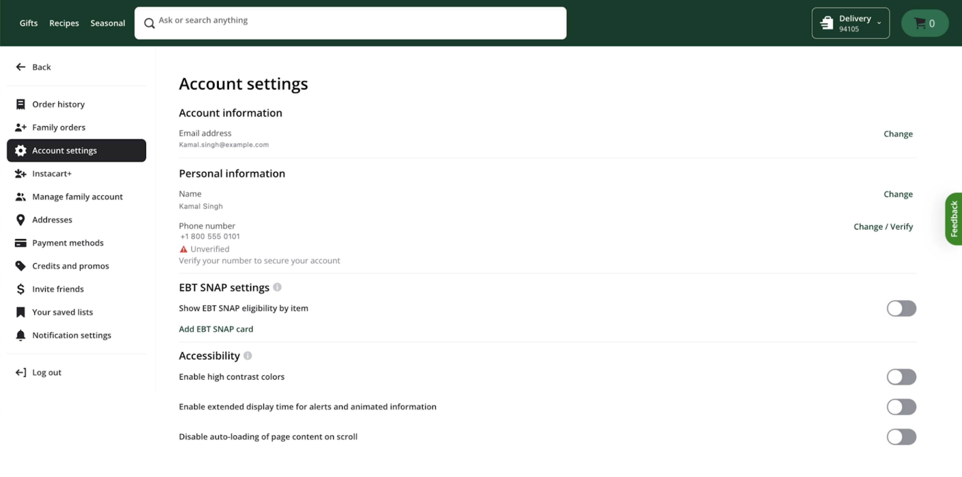 Shows the account settings menu with the following menu items: Your orders, Account settings, Instacart+, Manage family account, Addresses, Payment methods, Credits and promos, Notification settings, Loyalty cards, and Log out.