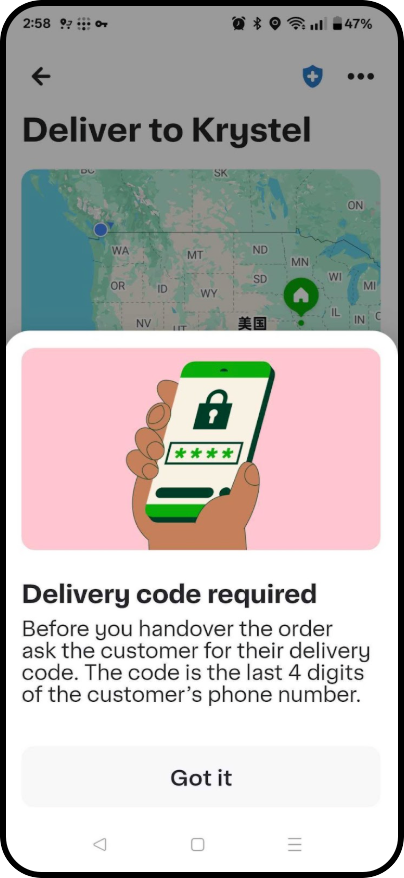 Shows a Shopper app screen with a hand holding a phone that displays a lock icon. The text reminds drivers to request a 4-digit delivery code from customers.