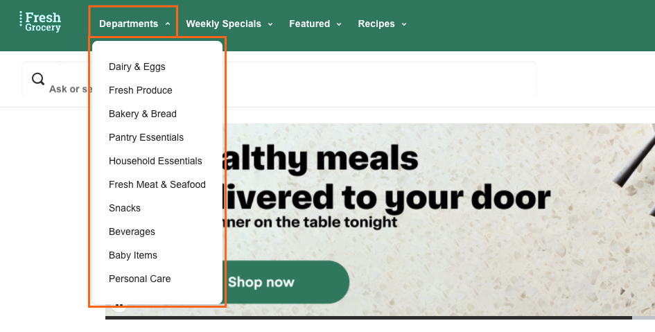 Shows the storefront on a desktop browser. An orange box surrounds the departments menu in the header.
