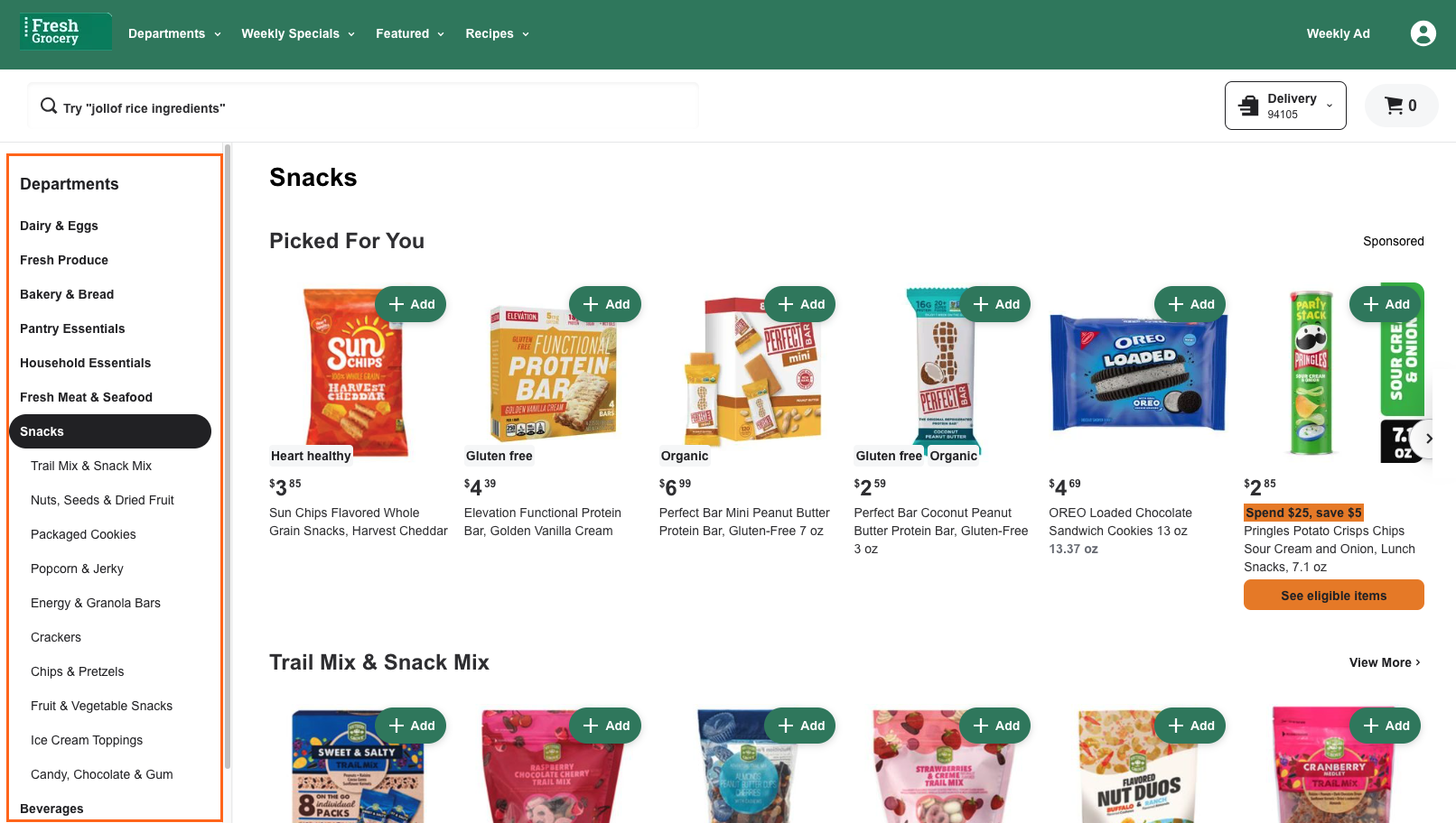 Shows the storefront on a desktop browser. An orange box surrounds a list of departments in the sidebar.