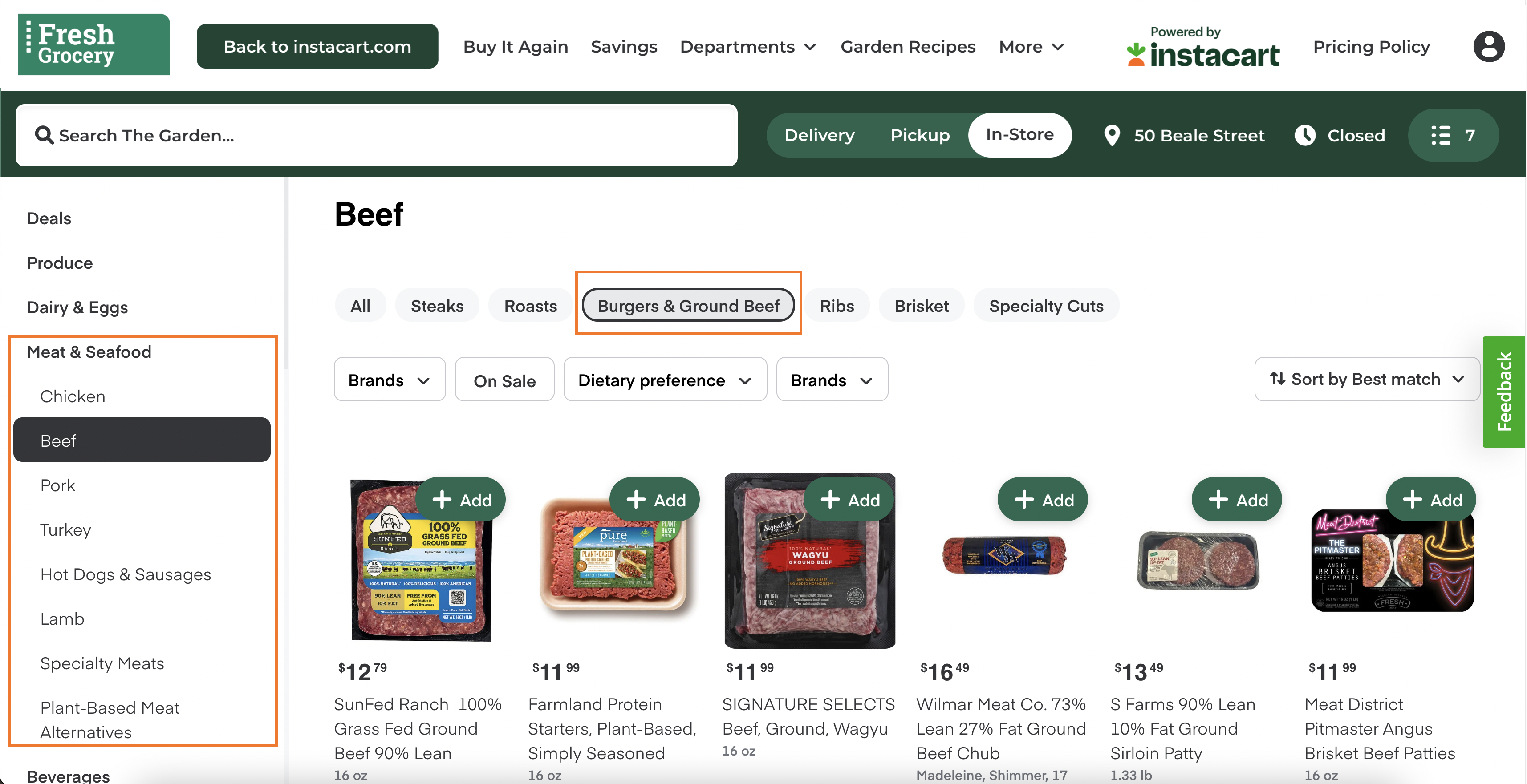 Shows the Burgers &amp; Ground beef collection as an option on the Beef department page.