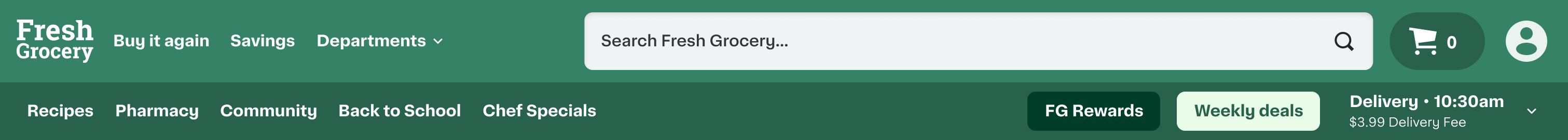 Shows a desktop header for Fresh Grocery. The top bar includes the logo, links, a search bar, the cart button, and the account menu button. The bottom bar includes links and the fulfillment selector.