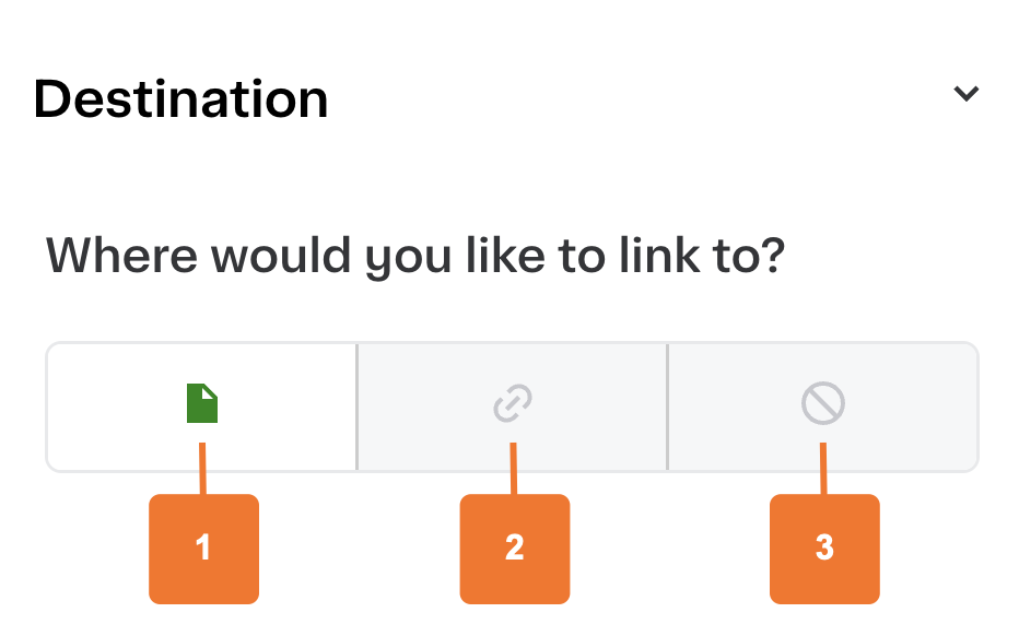 Shows a screen titled &quot;Destination&quot; asking, &quot;Where would you like to link to?&quot; There are three options displayed in a row: a green document icon labeled &quot;1&quot;, a link icon labeled &quot;2&quot;, and a prohibition symbol labeled &quot;3&quot;.