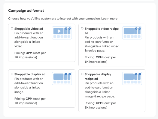 Campaign ad format section with a grid of format options, each showing a title, description, CPM pricing, and thumbnail