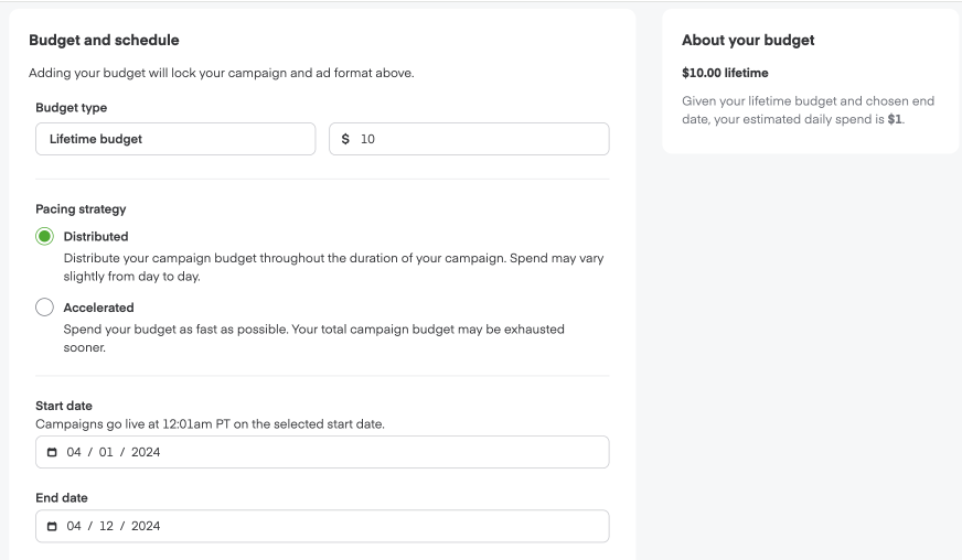 Budget and schedule section showing lifetime budget, Distributed and Accelerated pacing options, start and end date fields, and About your budget summary