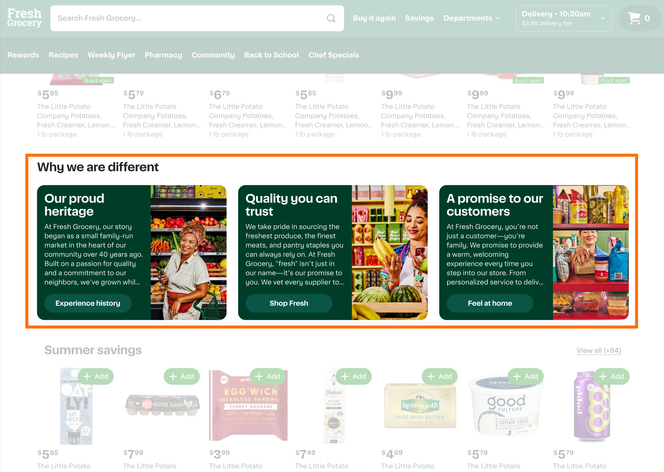 Shows a horizontal card carousel in a dynamic slot on a storefront homepage.