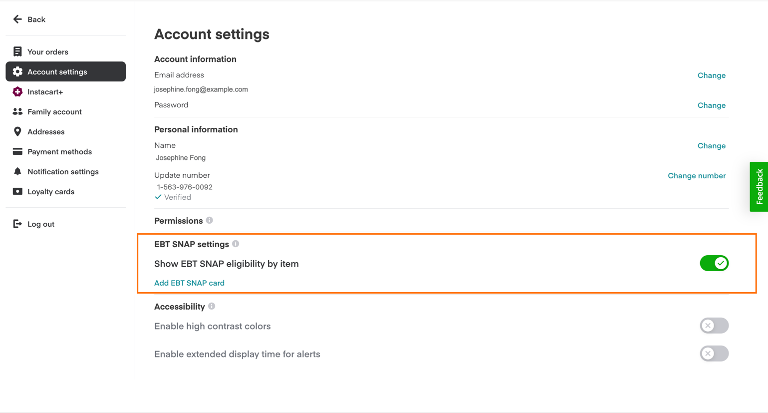 Shows the account settings with the SNAP eligibility option and the Add a EBT SNAP card.