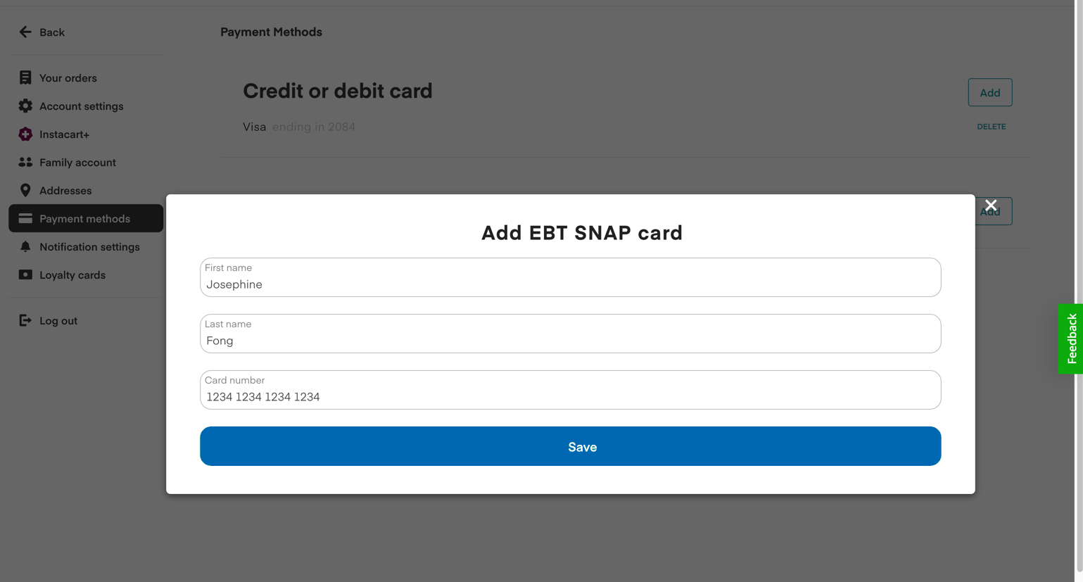 Shows the Add EBT SNAP card dialog where the customer can enter their name and card number.