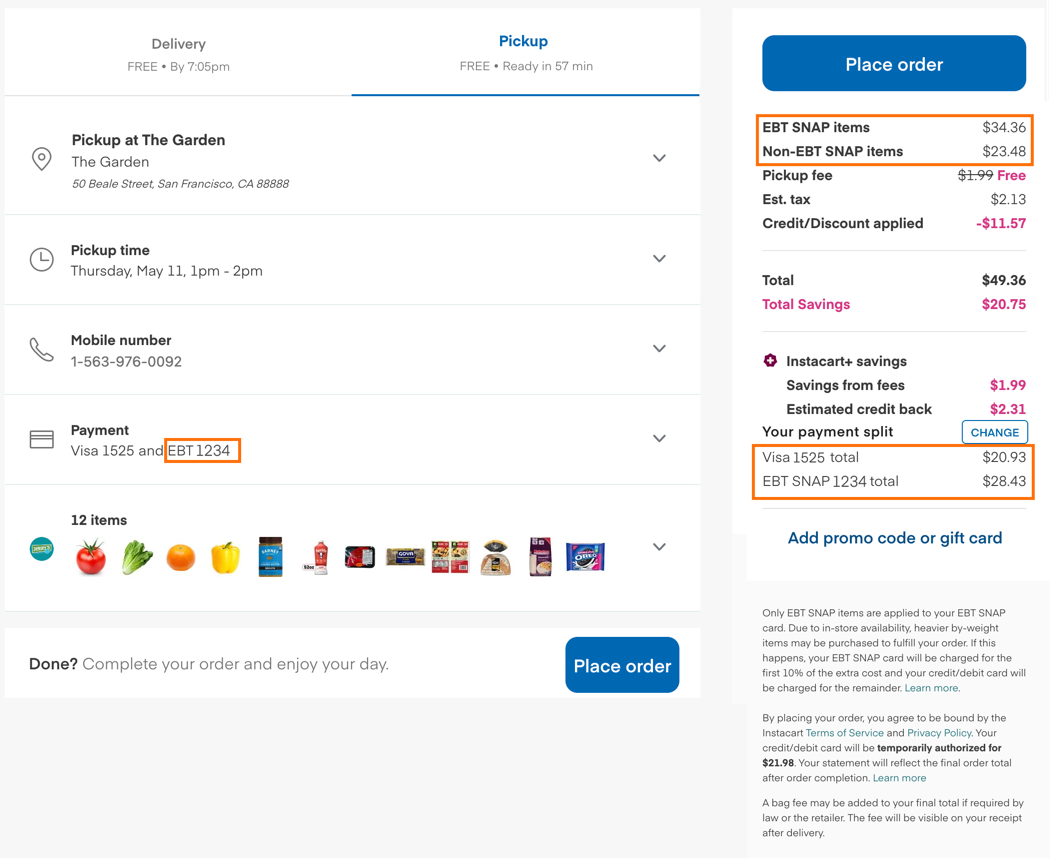 Shows the checkout page. The EBT SNAP card option appears in the payment section. An EBT SNAP item subtotal appears in the totals area.