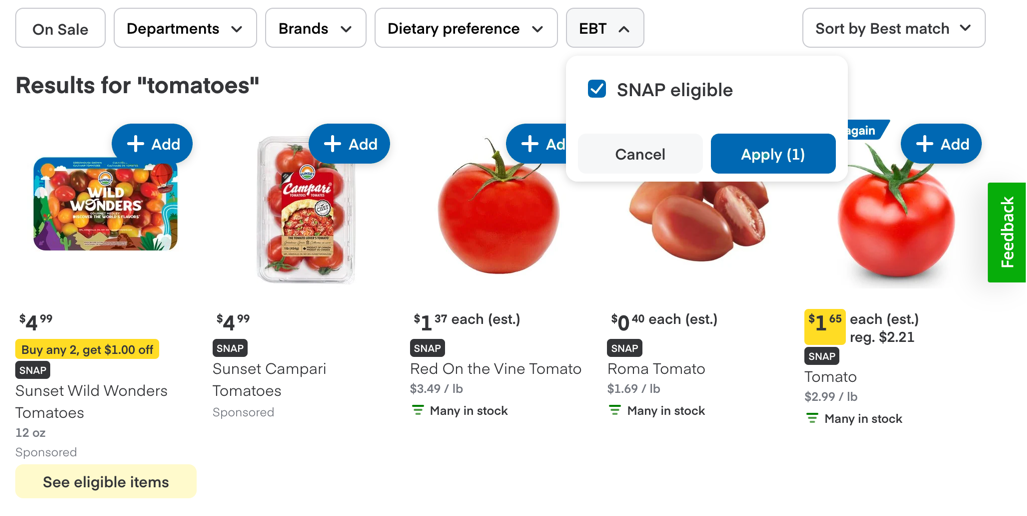 Shows the filters you can apply to search results. The EBT filter contains a SNAP option.