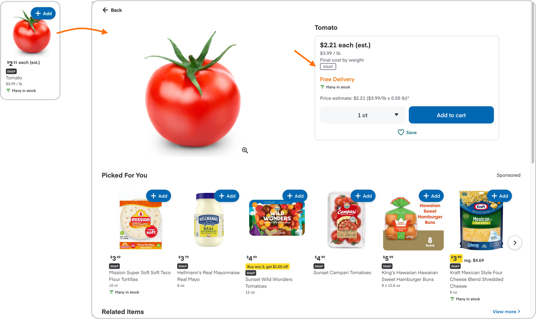 Shows a product details page with a SNAP label after the price.