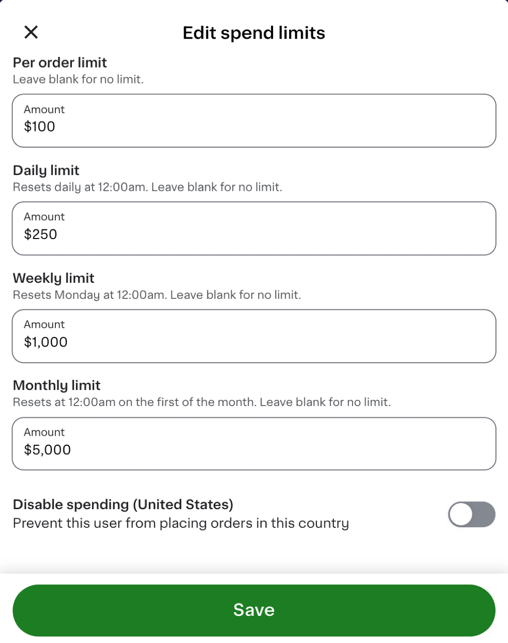 Shows an Edit spend limits page with fields for per order, daily, weekly, and monthly limits set at $100, $250, $1,000, and $5,000. It includes an option to disable spending and a Save button.