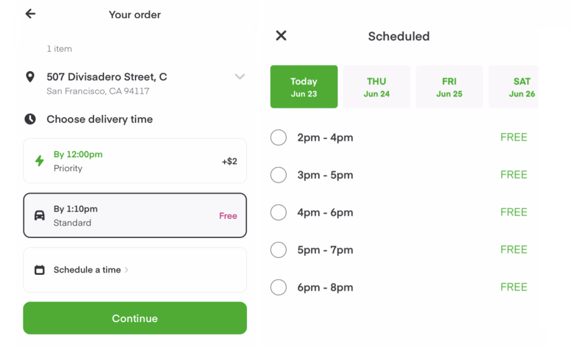 The image shows a priority ETA time slot with the text &quot;By 12:00pm Priority +$2&quot; and a standard ETA time slot with the text &quot;By 1:10pm Standard Free&quot;.