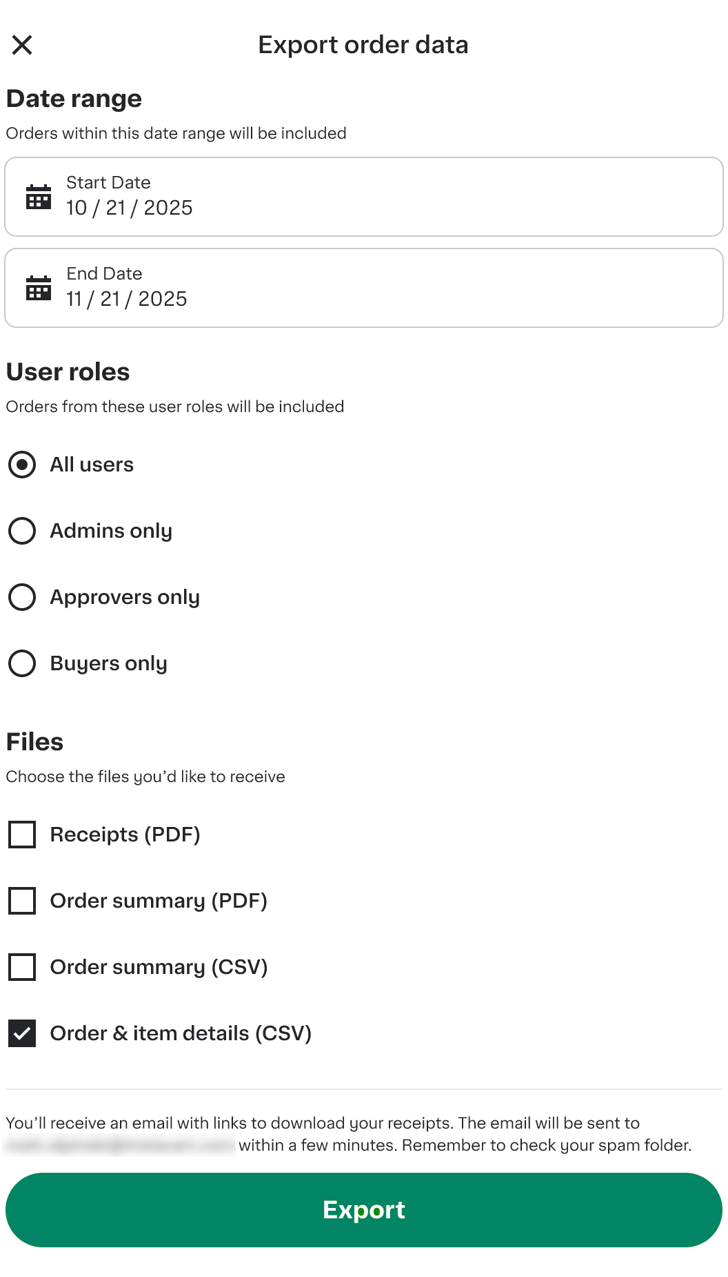 Shows an Export order data page with fields to specify a start and end date, checkboxes to select file types (PDF or CSV), and an Export data button.