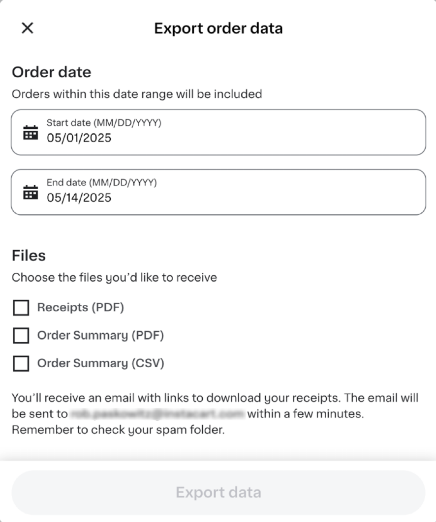 Shows an Export order data page with fields to specify a start and end date, checkboxes to select file types (PDF or CSV), and an Export data button.