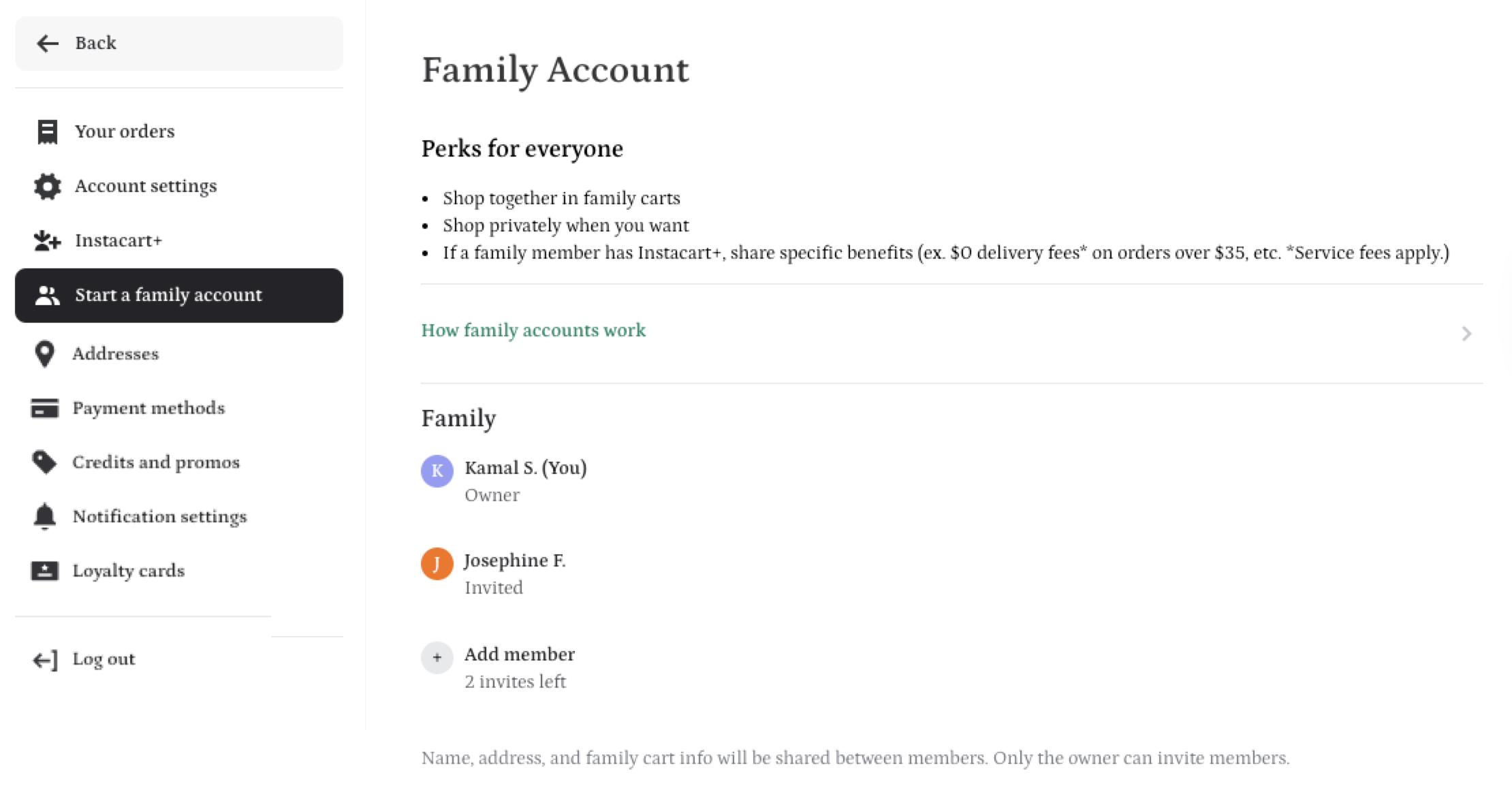 Shows a family account page with perks for shared shopping, private shopping, and sharing Instacart+ benefits. Shows members Kamal S. (Owner) and Josephine F. (Invited). Two invites are remaining.