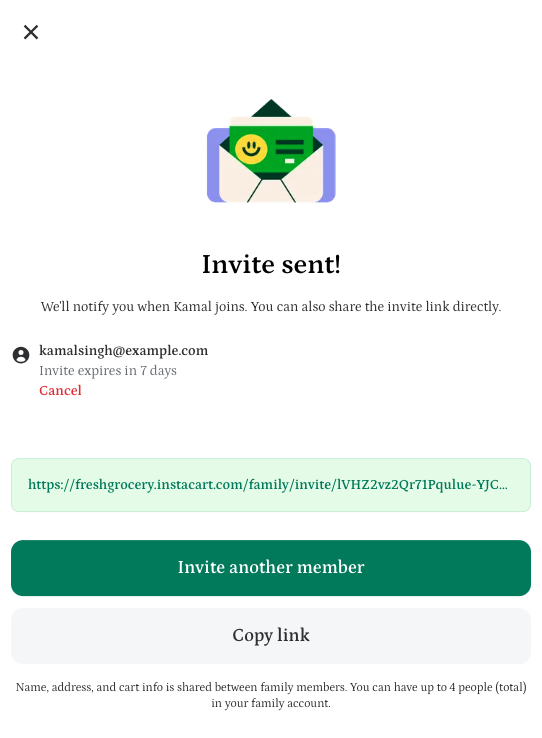 Shows a confirmation of an invitation sent to kamalsingh@example.com, with options to cancel or copy the invite link. The invite expires in 7 days. There&#39;s an &quot;Invite another member&quot; button.