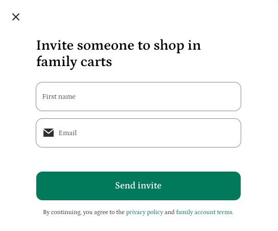 Shows a form to invite someone to shop in family carts with fields for first name and email, and a green &quot;Send invite&quot; button.