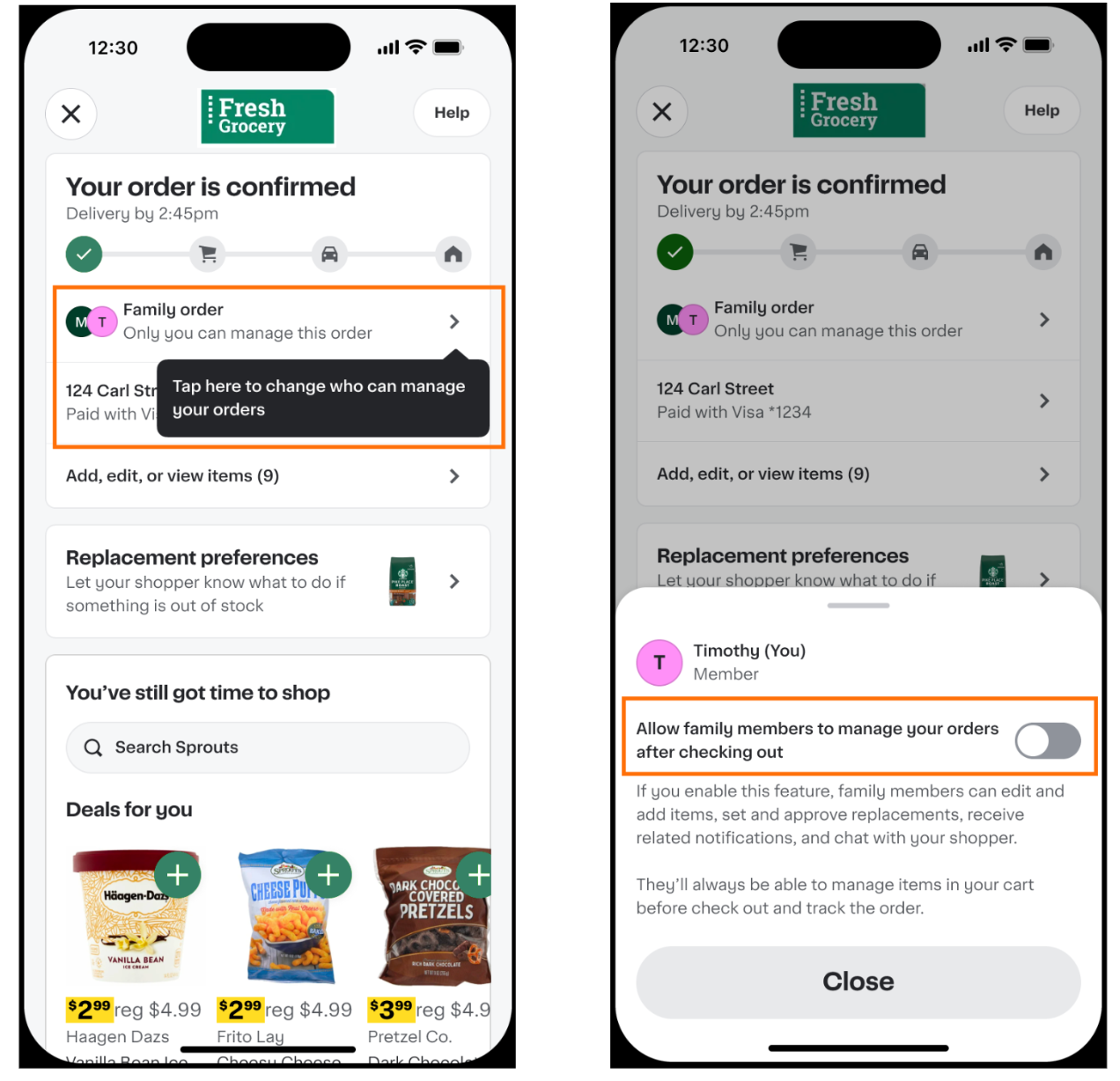 Shows the order status page with a Family order section displaying two member avatars, and a settings panel with a toggle labeled "Allow family members to manage your orders after checking out" in the off position.