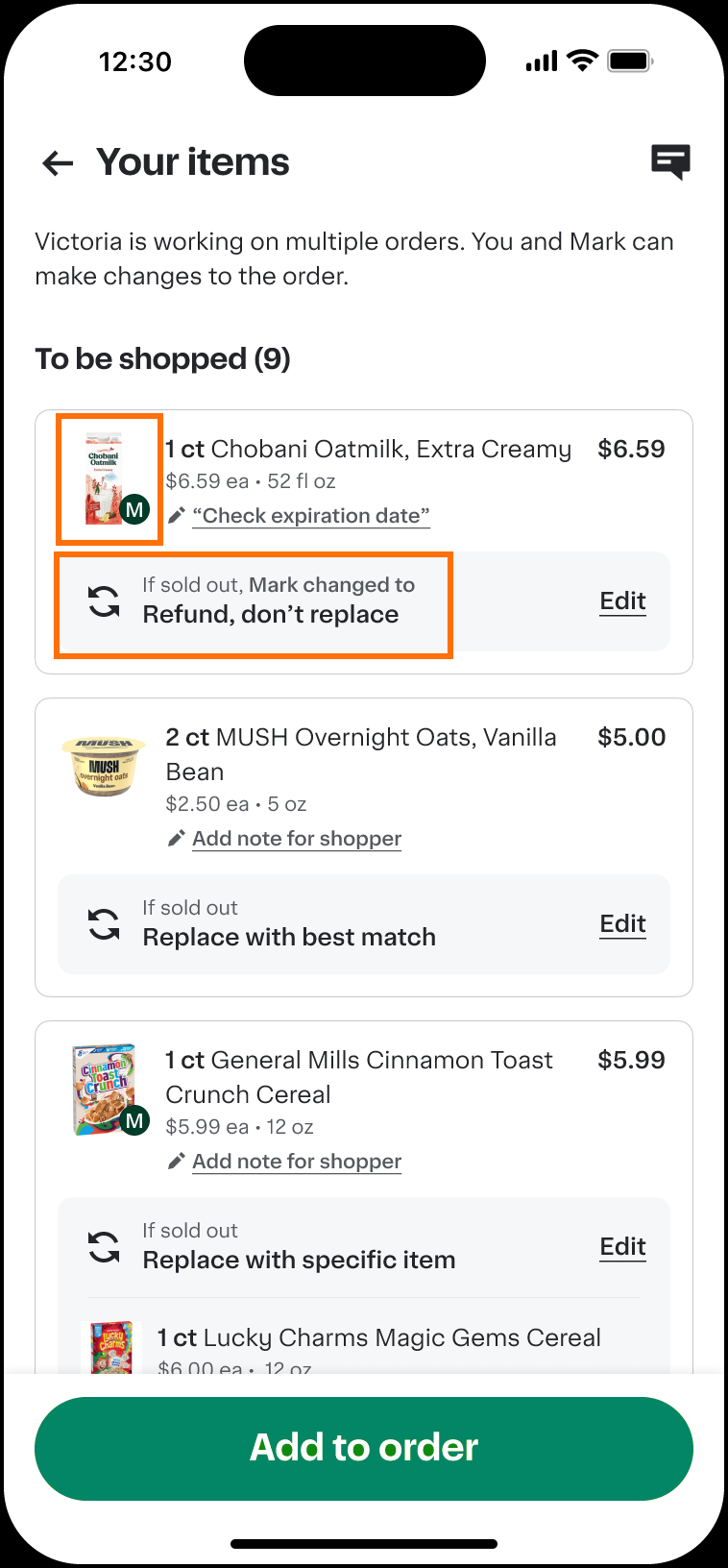 Shows the Your items page with a list of items to be shopped. One item displays a member avatar and a replacement preference set by a family member, highlighted in orange.