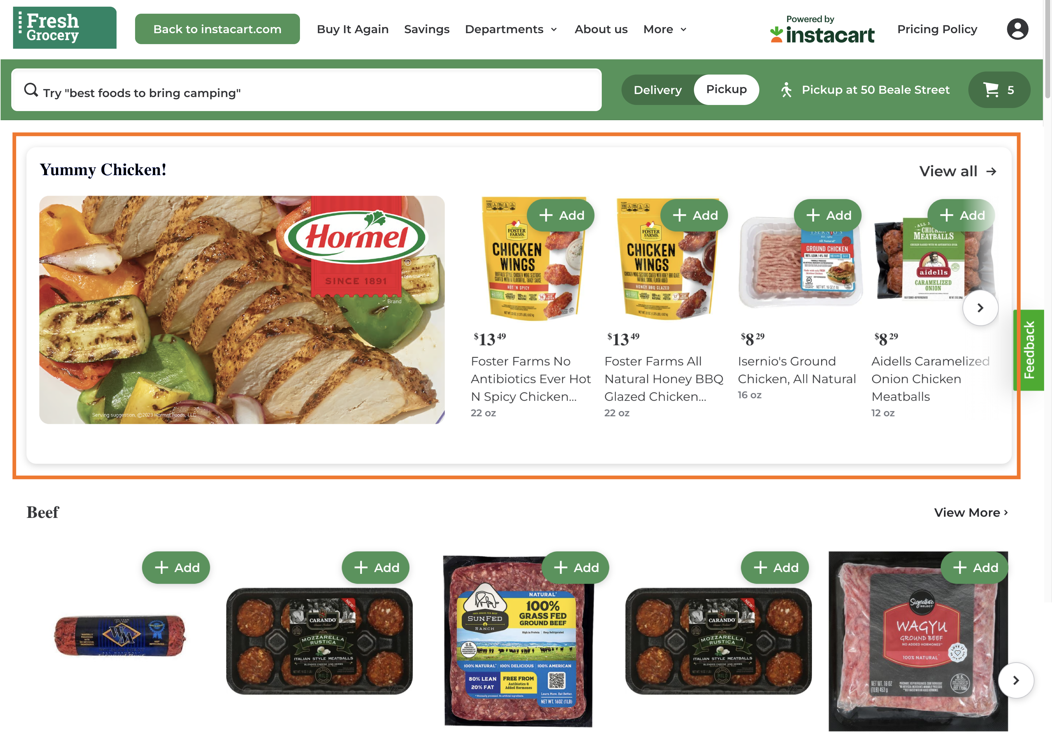 Shows the homepage with a featured collection carousel with the title &quot;Yummy chicken&quot;. The carousel includes an image the size of two item tiles, followed by an assortment of chicken products.