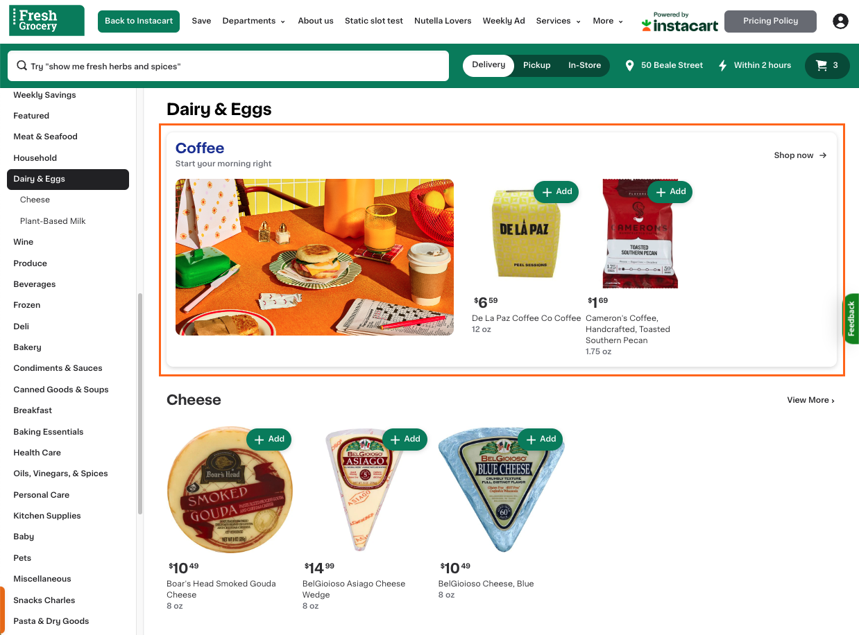 Shows a department page for &quot;Dairy &amp; Eggs&quot;, highlighting a featured collection carousel for coffee that includes products like De La Paz and Cameron&#39;s Coffee. Cheese options are displayed below the featured collection carousel.