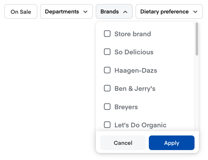 Shows the On Sale, Departments, Brands, and Dietary preference filter options. The Brands filter option is expanded to show brands of ice cream.