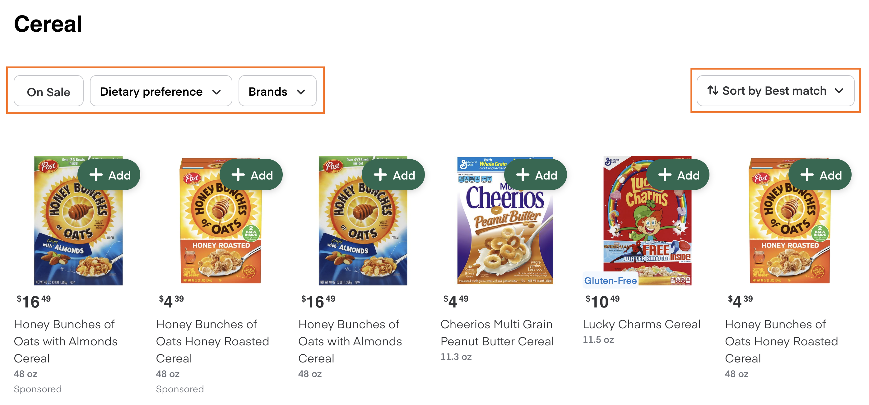 Shows the following filter groups on a product collection page: on sale, dietary preference, and brands.