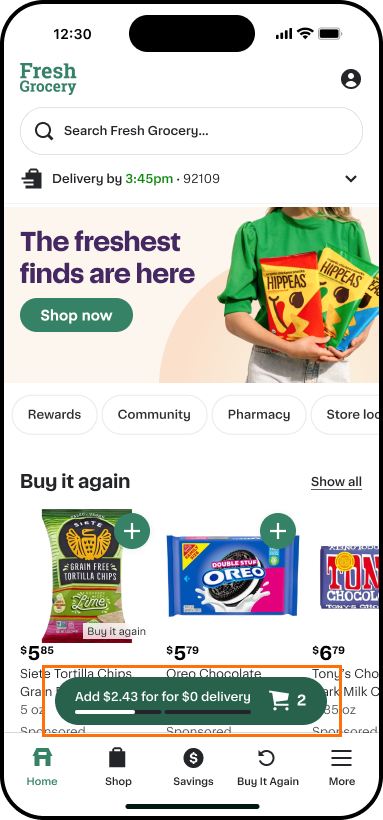Shows a grocery app home screen with a banner ad at the top, category buttons below it, and a Buy it again section displaying previously purchased items.