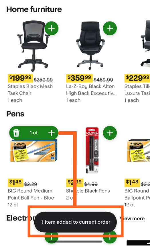 Shows a shopping interface with categories like Home Furniture and Pens. An item from the Pens section is added to the cart, showing &quot;1 item added to current order.&quot;