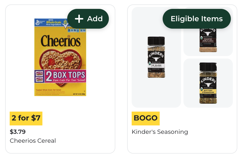 Shows a single item tile and a multi-item tile. The Add button appears for the single item tile, whereas an Eligible items button appears for the multi-item tile.