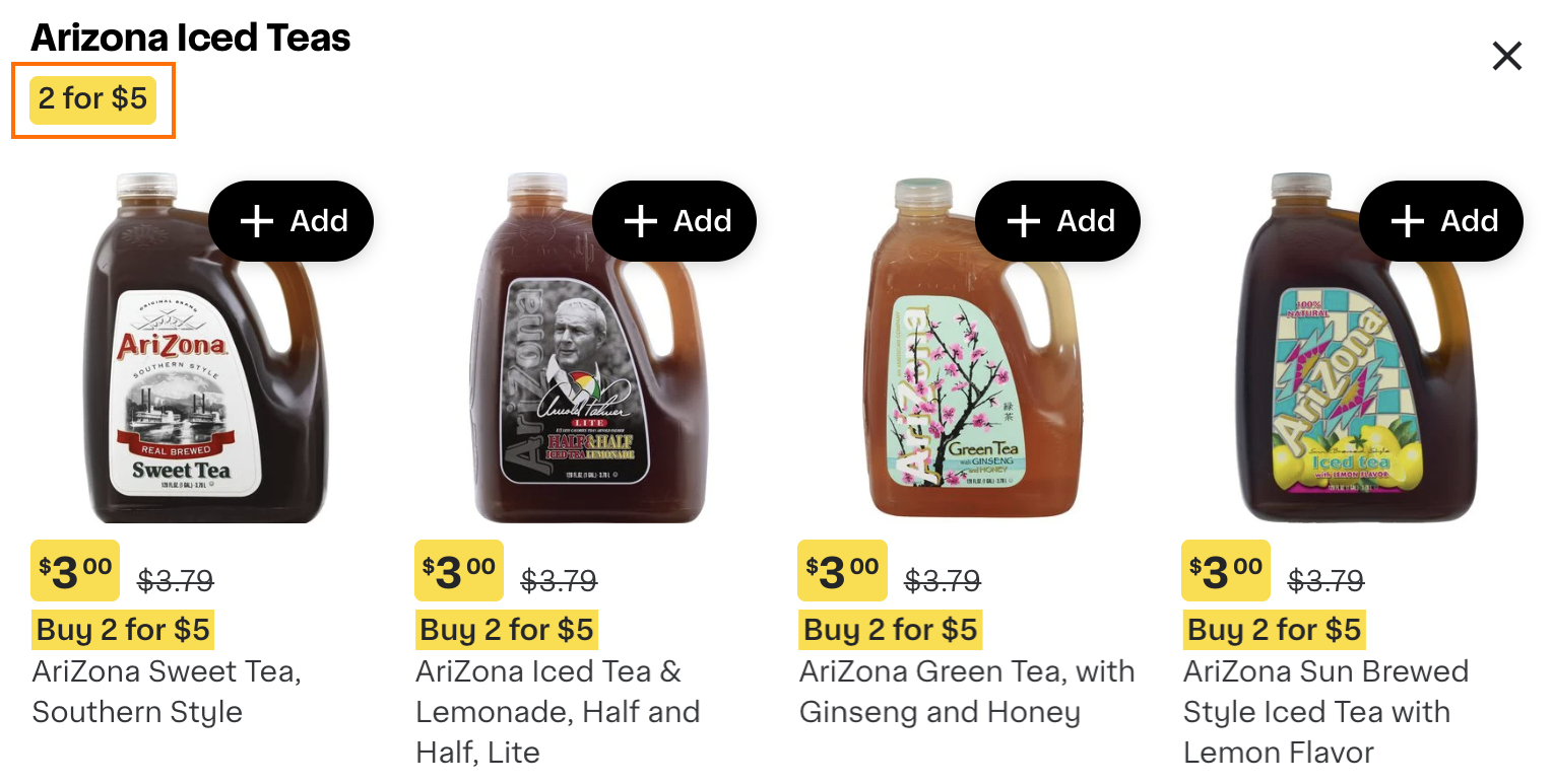 Shows an example of a promotion title as displayed to customers on a weekly flyer.